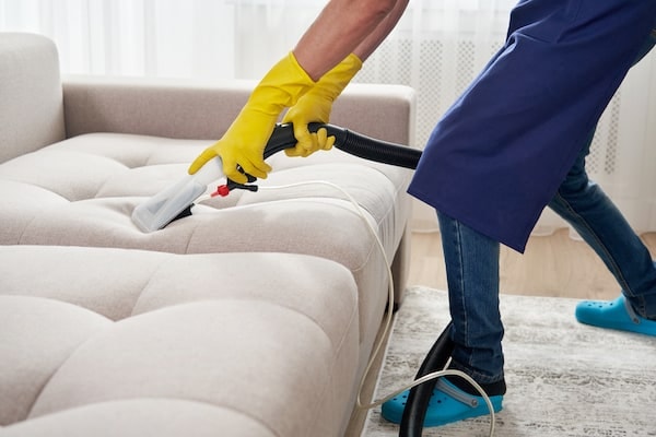 yellow gloves used on machine to clean sofa in beige 