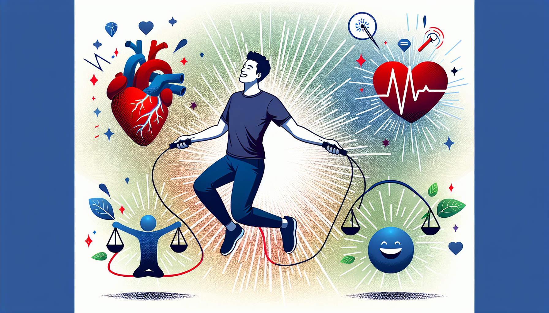Cartoon illustration of a person doing jump rope workout with health-related symbols around