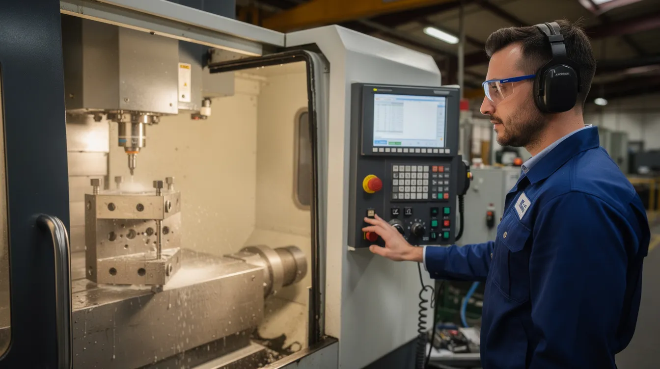 A CNC machine operator, equipped with safety glasses and hearing protection, stands attentively at a CNC control panel, ready to oversee the computer numerical control processes involved in machining complex parts. The operator is focused on ensuring precise machine operation and tool setup, essential for modern manufacturing tasks.
