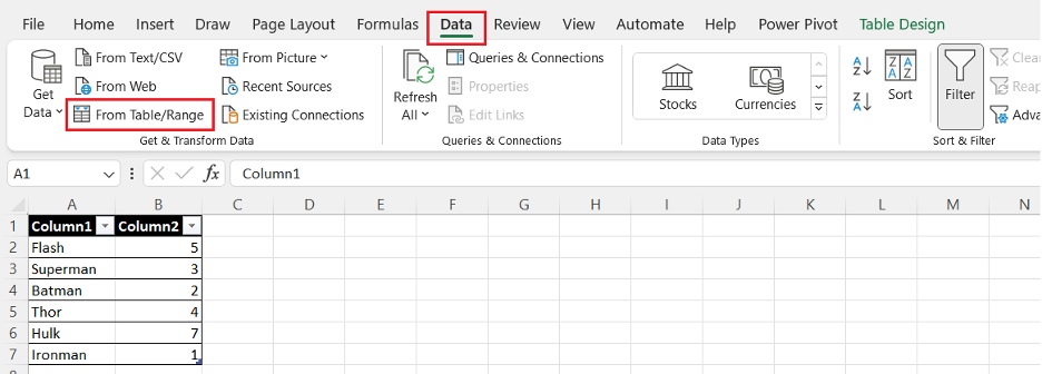 Select the table in Power Query