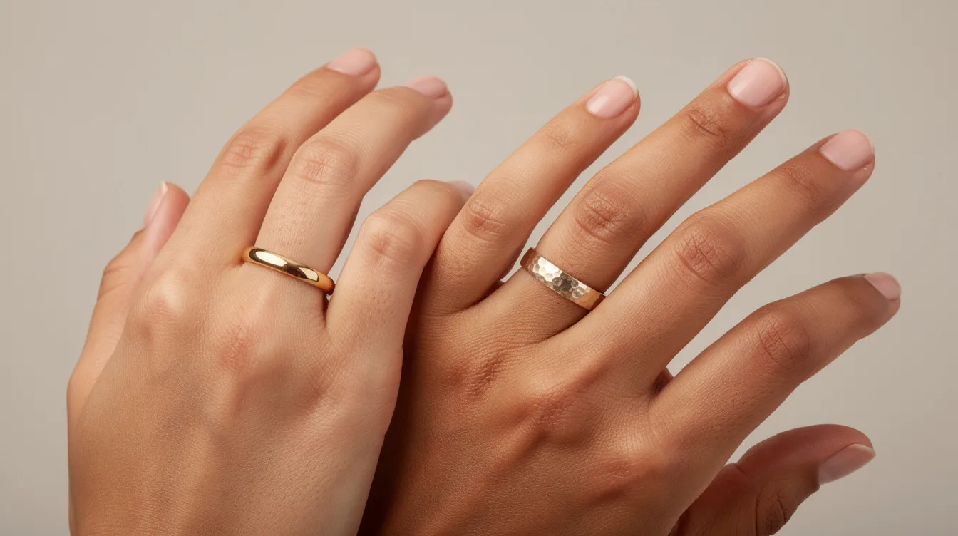 The image features hands showcasing a variety of rings with distinct finishes, including polished, brushed, and hammered textures, made from metals like yellow gold and rose gold. This display highlights the visual interest created by mixing metal finishes, offering a balance of warm and cool tones.