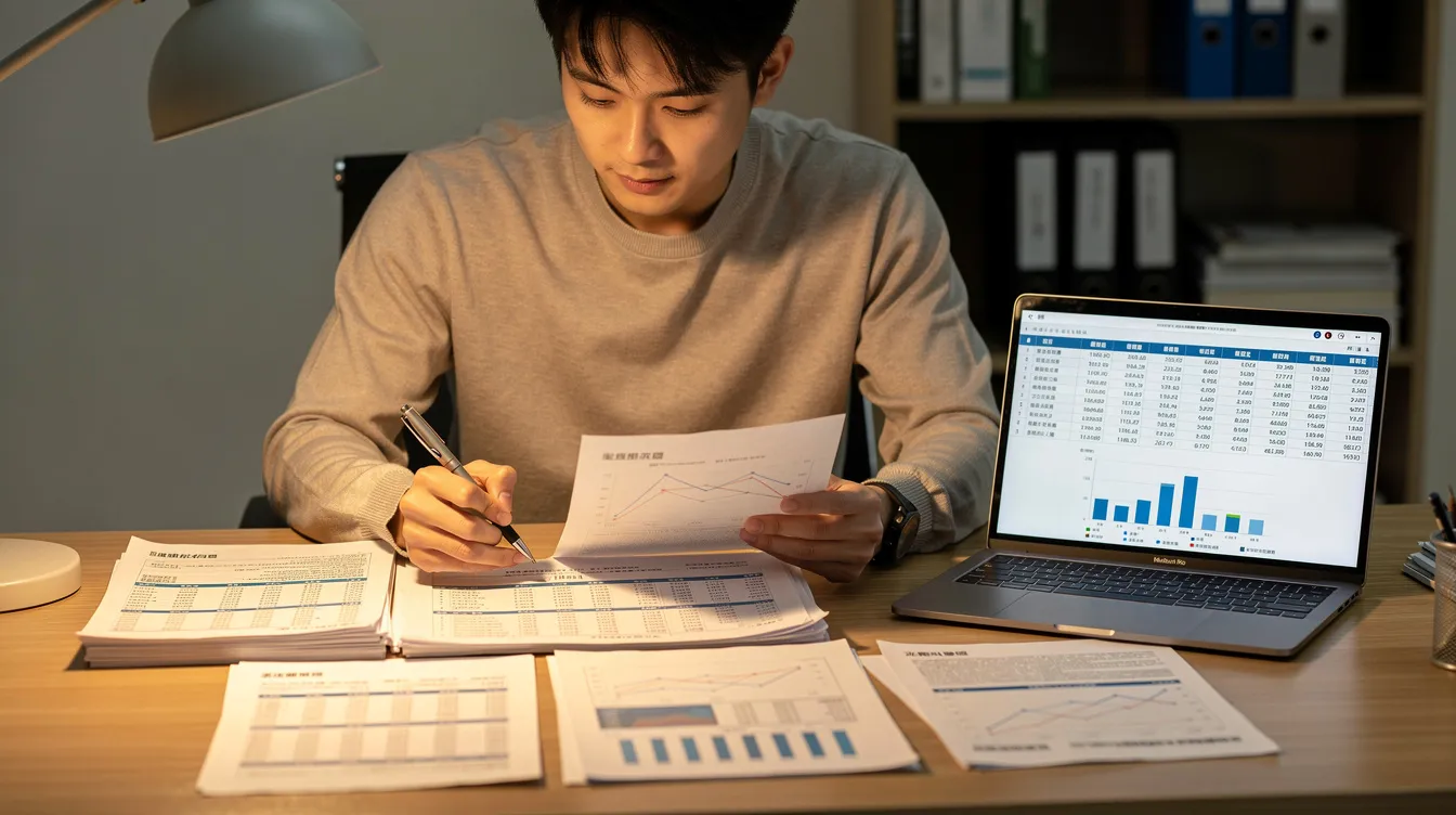 The image depicts a person sitting at a desk, comparing various documents and data related to loan applications, including interest rates and repayment terms. This scene suggests a focus on financial decisions, possibly involving small loans or personal loans, as the individual reviews important information for making informed choices.