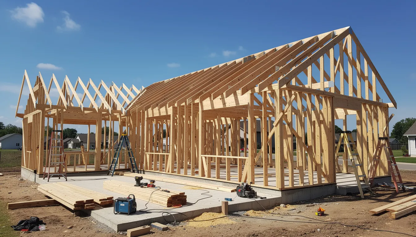 The image depicts the timber frame of a new house under construction, showcasing the skeletal structure that forms the basis of a custom home. This building project reflects the work of skilled local builders, emphasizing the importance of quality and established relationships in creating the dream home for future occupants.