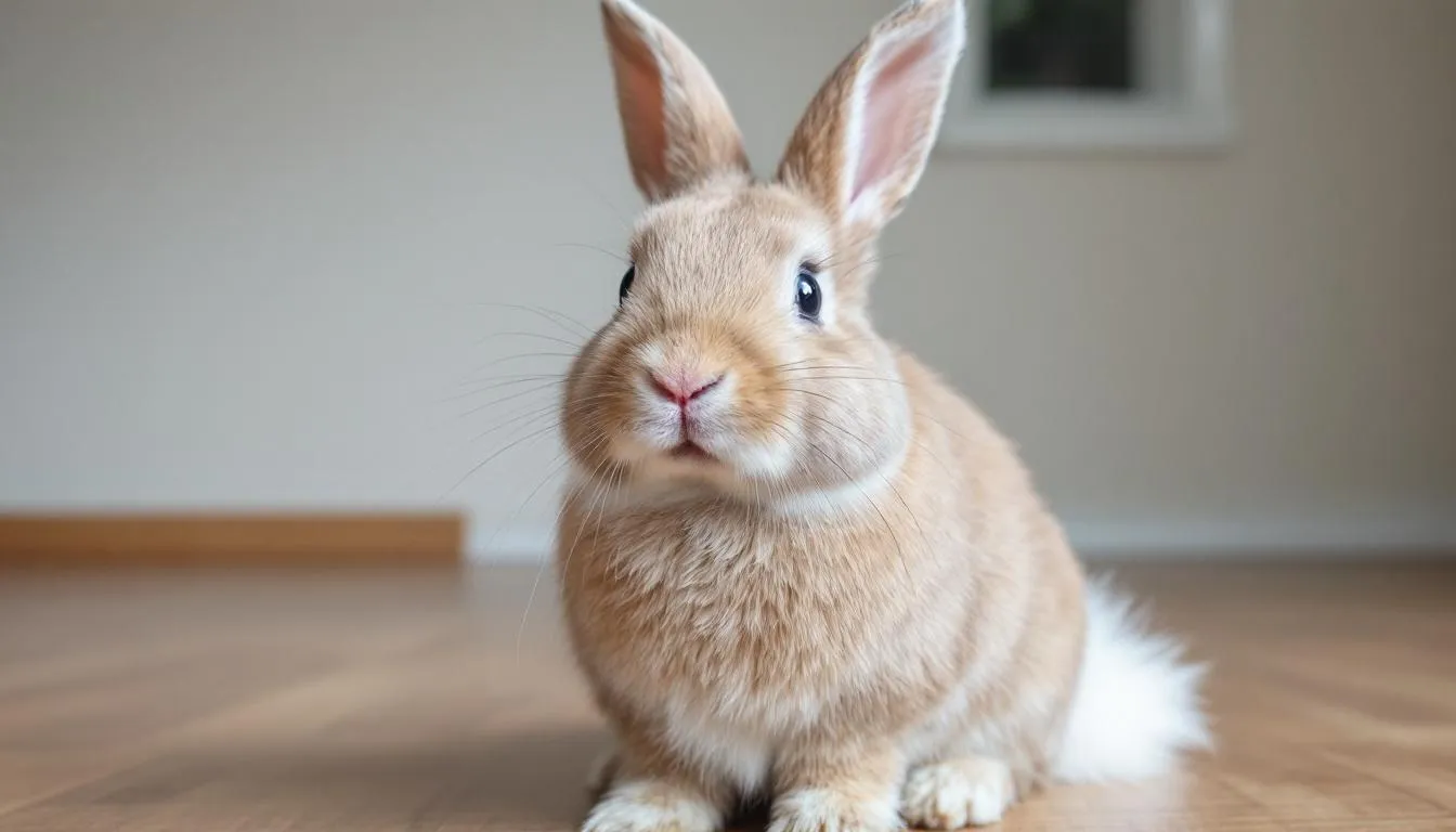 A pet rabbit with a fluffy tail sits comfortably, showcasing its soft fur and cute features. This adorable bunny, resembling wild rabbits, has a short rabbit tail that adds to its charm and helps it navigate its surroundings.