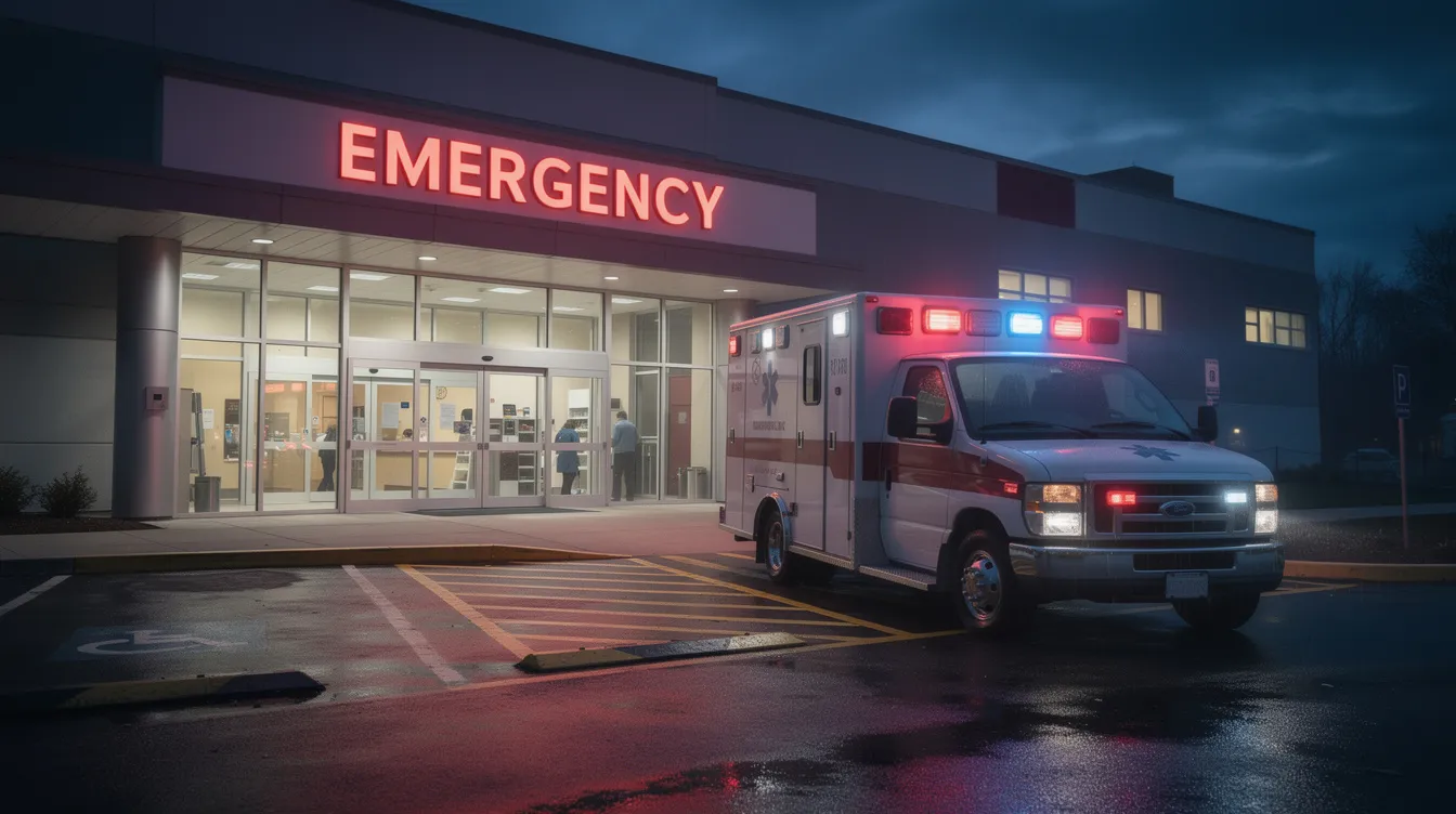 An ambulance is parked outside a hospital emergency entrance at night, with its lights flashing, indicating a response to a serious situation. This scene highlights the importance of pedestrian safety, as accidents involving pedestrians can lead to severe injuries and the need for immediate medical attention.