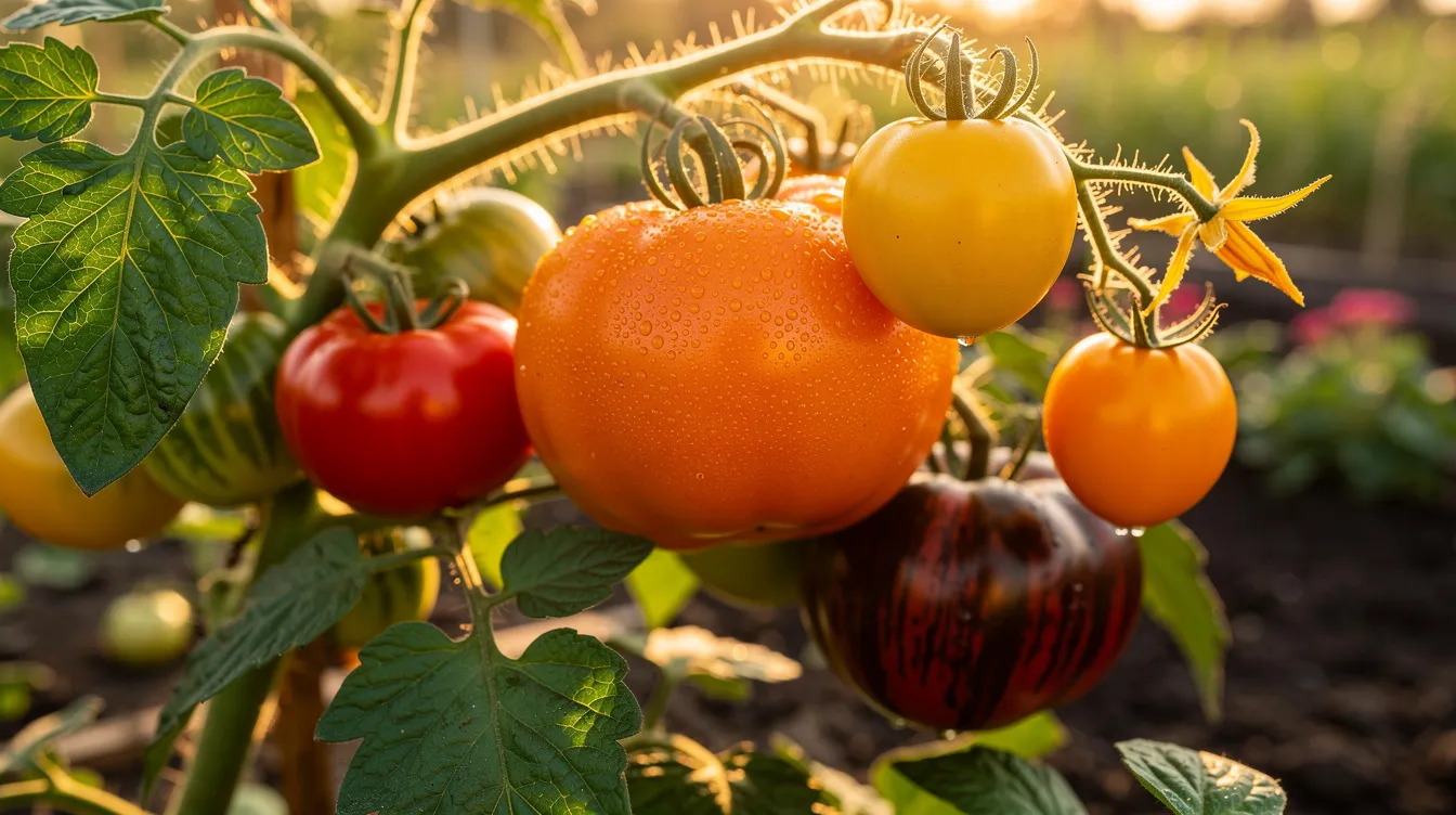 A close-up view of vibrant heirloom tomatoes in various shapes and colors is displayed, growing on indeterminate tomato plants in a sunny garden. The lush foliage surrounds the ripe tomato fruits, showcasing their healthy development and potential for abundant fruit production.