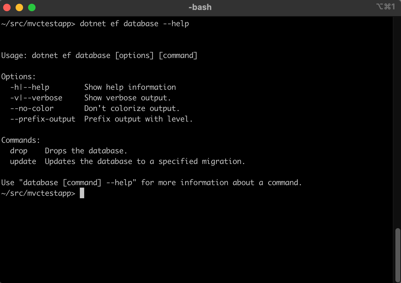 dotnet ef database --help output