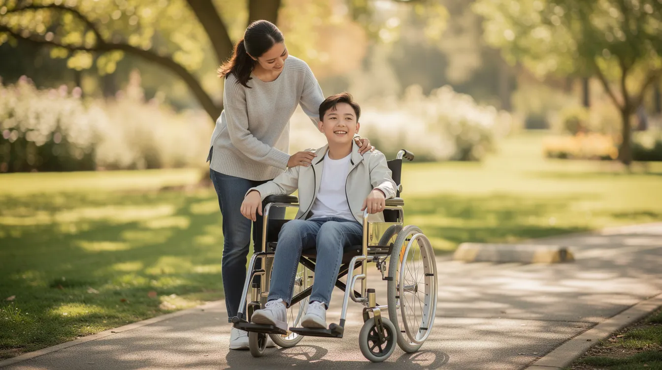 The image shows a young adult in a wheelchair outdoors, receiving support from a family member. They appear to be enjoying a sunny day together, highlighting the importance of family connections and support for individuals with disabilities.