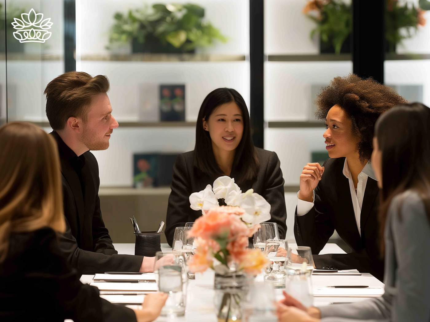 Diverse professionals engaging in a discussion around a meeting table adorned with delicate peach flowers, adding a touch of elegance by Fabulous Flowers and Gifts.