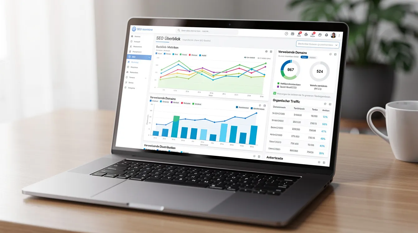 Auf dem Laptop-Bildschirm ist ein SEO-Monitoring-Dashboard zu sehen, das verschiedene Backlink-Metriken anzeigt. Die Metriken umfassen wichtige Faktoren wie die Domain-Autorität und die Anzahl qualitativ hochwertiger Backlinks, die für die Sichtbarkeit einer Webseite in Suchmaschinen entscheidend sind.