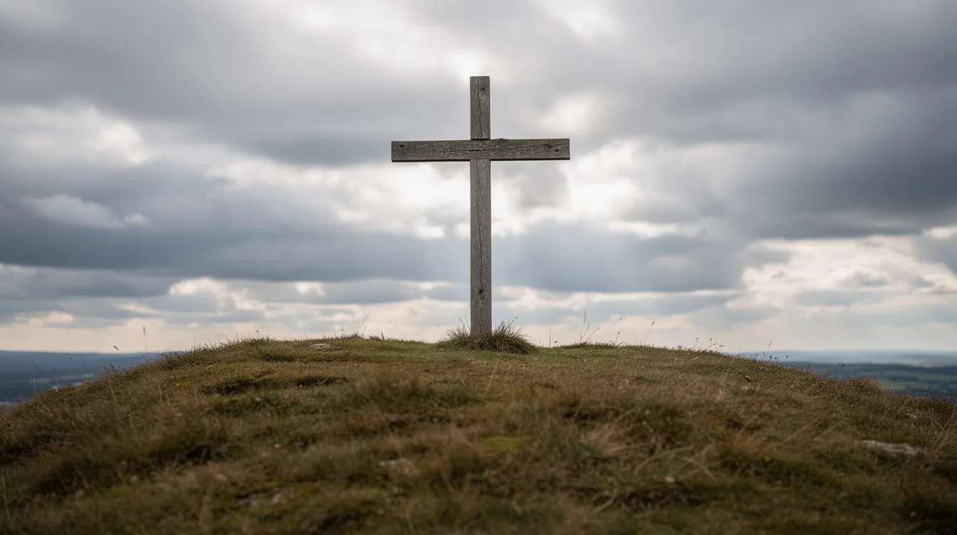 The image shows a simple wooden cross standing on a hilltop, silhouetted against a cloudy sky, symbolizing Jesus Christ and the message of God's kingdom. This scene evokes a sense of peace and reflection on faith, representing the reign of God and the hope of salvation in the world today.
