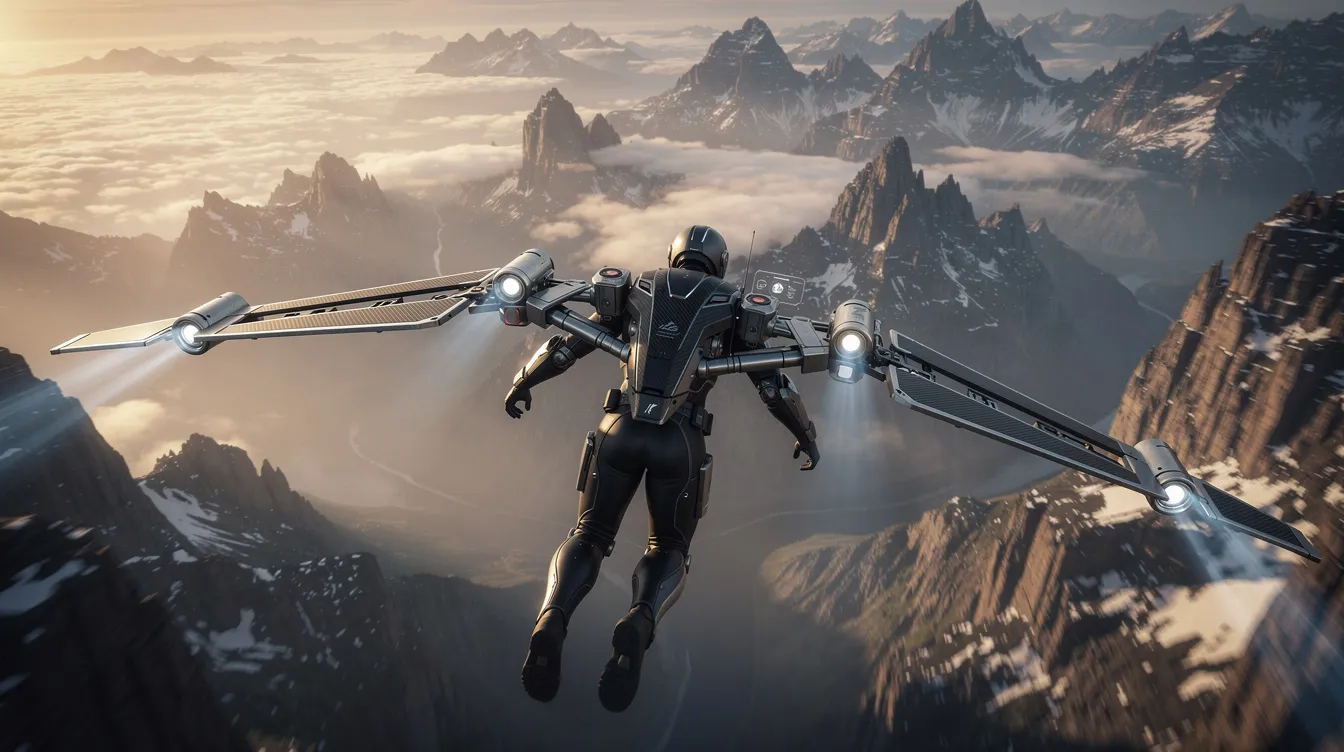 A player is gliding gracefully over a breathtaking mountainous landscape