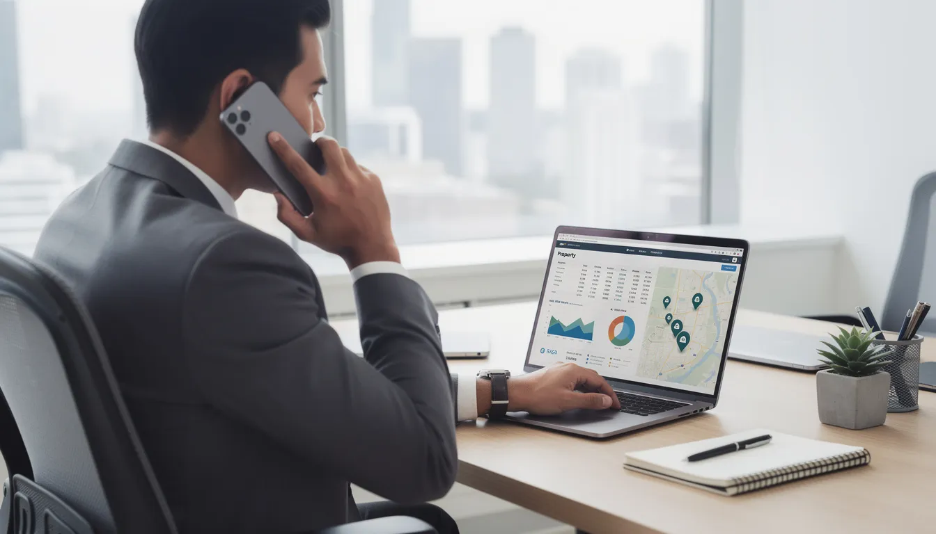 A real estate investor is engaged in a phone call while seated at a desk, with a laptop displaying property data related to lead generation.