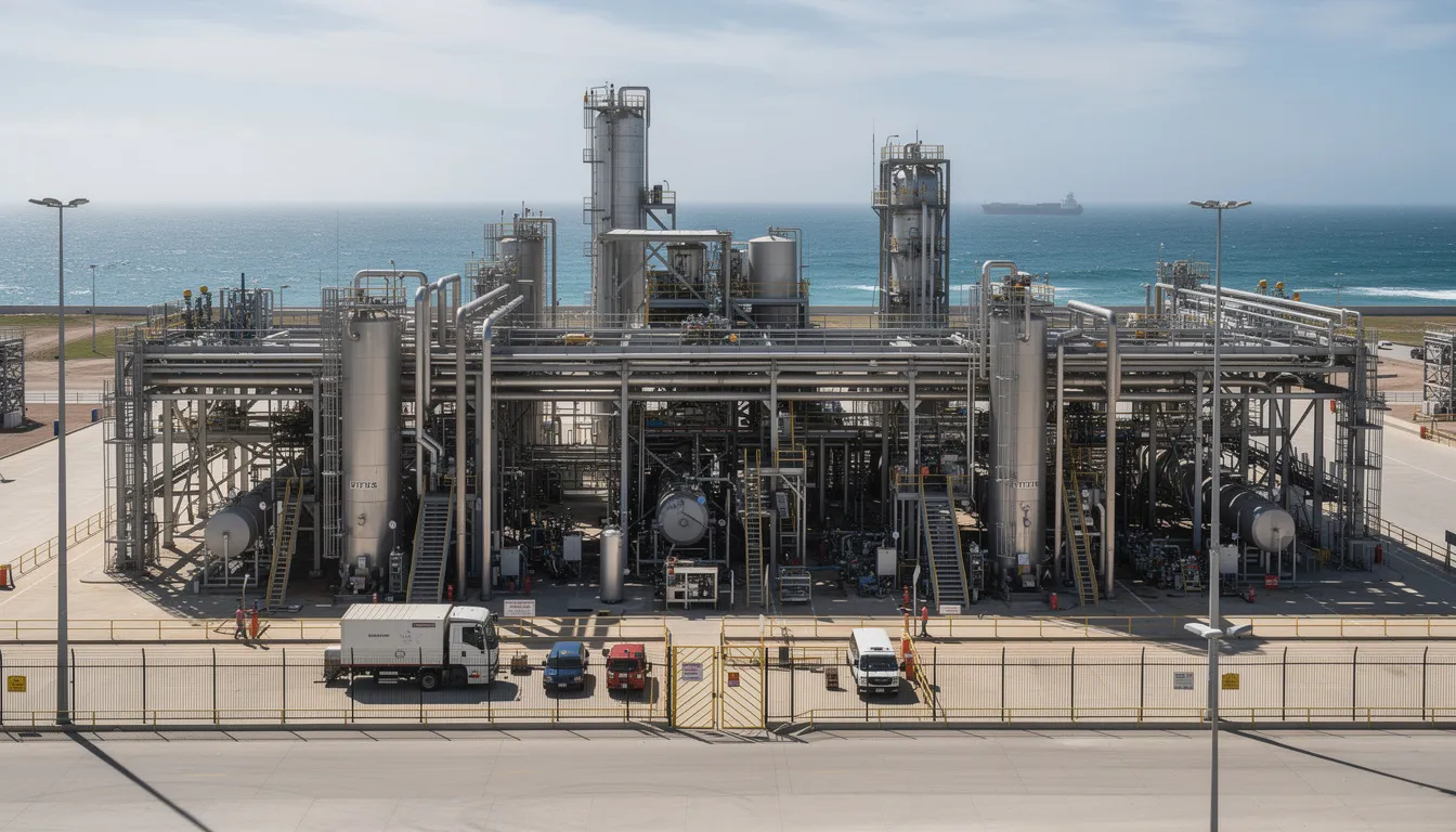 The image shows the exterior of a coastal industrial facility, featuring large processing equipment and a modern design. This facility likely utilizes energy-efficient systems such as heat pumps for heating and cooling, contributing to reduced energy costs and a smaller carbon footprint in commercial settings.