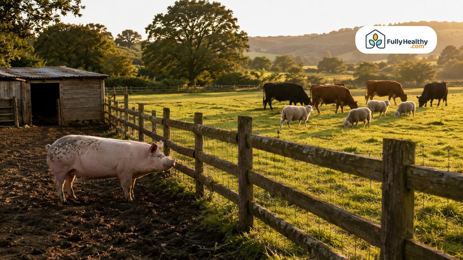 Pig standing apart while cattle and sheep graze in neighboring pasture at sunset