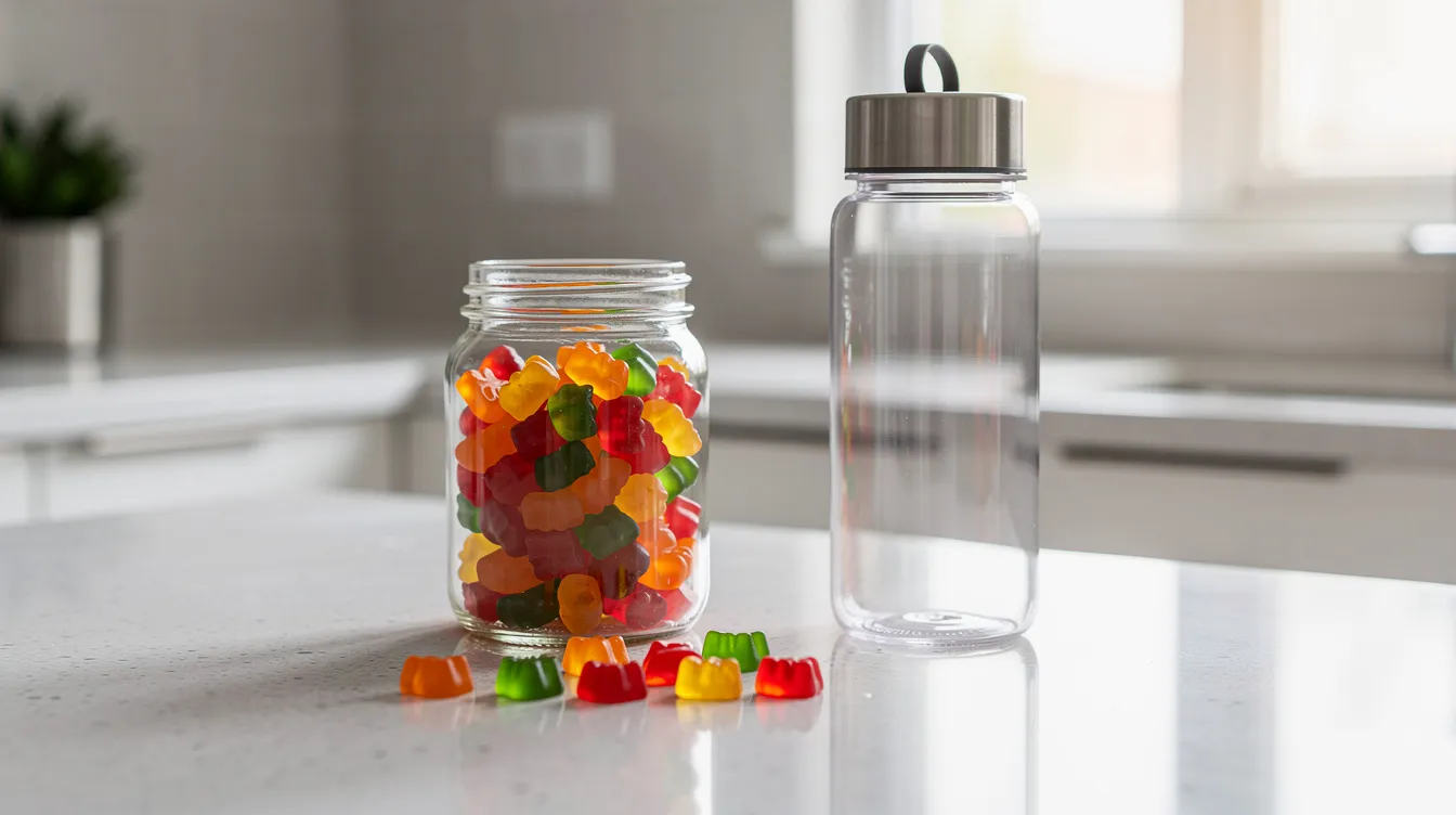 A clean kitchen counter features a glass jar filled with colorful gummy dietary supplements, designed to support energy and overall health, placed next to a water bottle. This setup reflects healthy lifestyle habits, ideal for adult men seeking daily nutritional support.