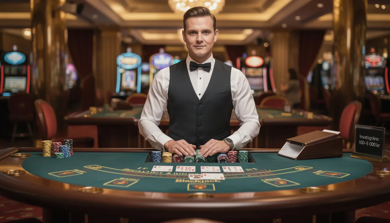 En professionell dealer står vid ett elegant blackjack-bord i en lyxig casinomiljö, omgiven av spelare som är engagerade i spelet. Atmosfären är livlig och det finns insatser på bordet, vilket skapar en känsla av spänning och underhållning i detta live casino.