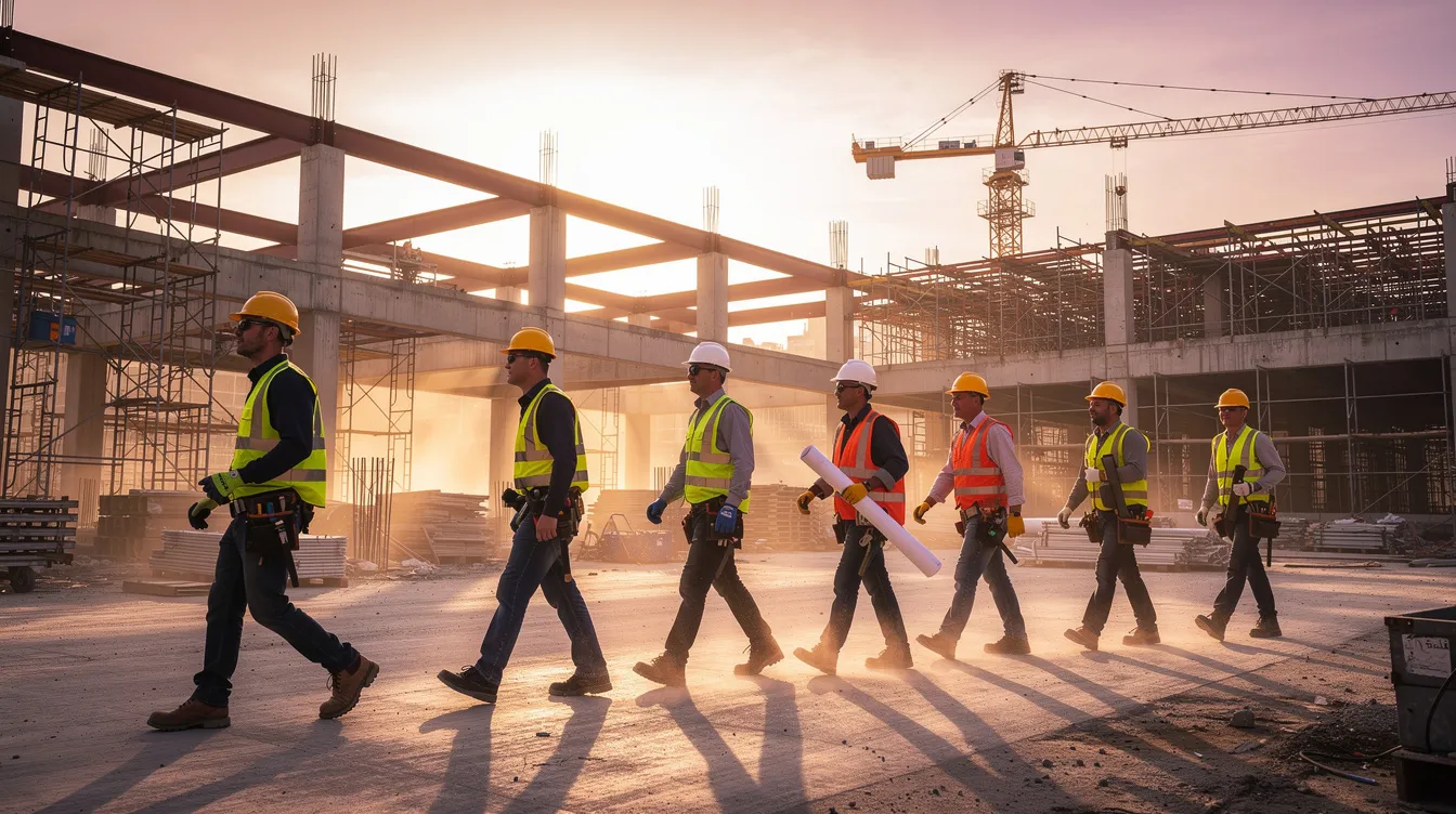 A group of construction workers, dressed in safety vests and hard hats, is walking across a large commercial building site at sunrise, symbolizing the skilled labor involved in the construction industry. This scene reflects the merit shop principles and the importance of workforce development in creating a competitive environment for skilled trades.