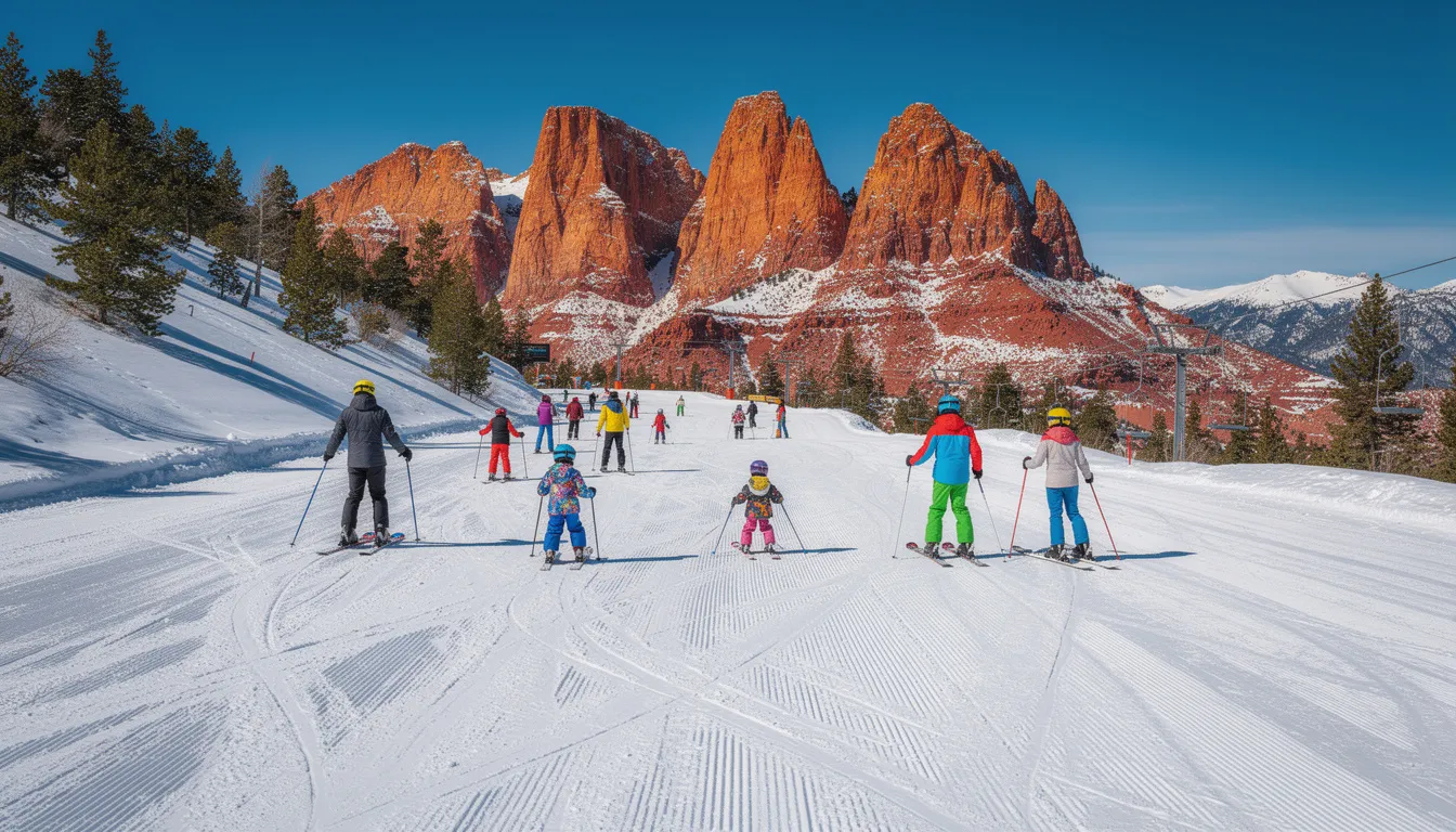 A wide, groomed blue run at Brian Head Resort is bustling with families skiing together, while striking red rock formations rise majestically in the background. This family-friendly ski destination in southern Utah offers scenic views and enjoyable terrain for skiers of all levels.