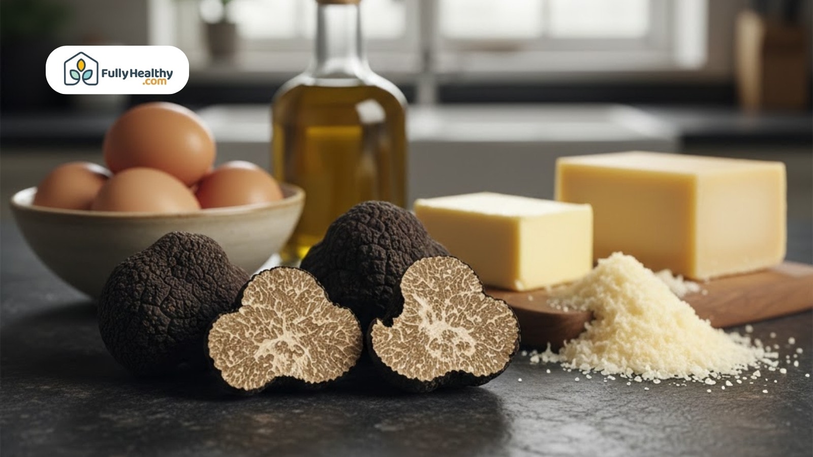 Black truffles with eggs, cheese, and olive oil ingredients