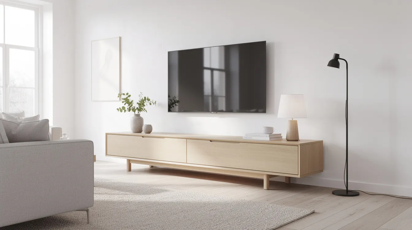 Ett modernt skandinaviskt vardagsrum med en låg tv-bänk i ljus ek, som har plats för förvaring och ger en stilren känsla. På väggen hänger en stor tv, vilket skapar en perfekt samlingspunkt för underhållning i hemmet.