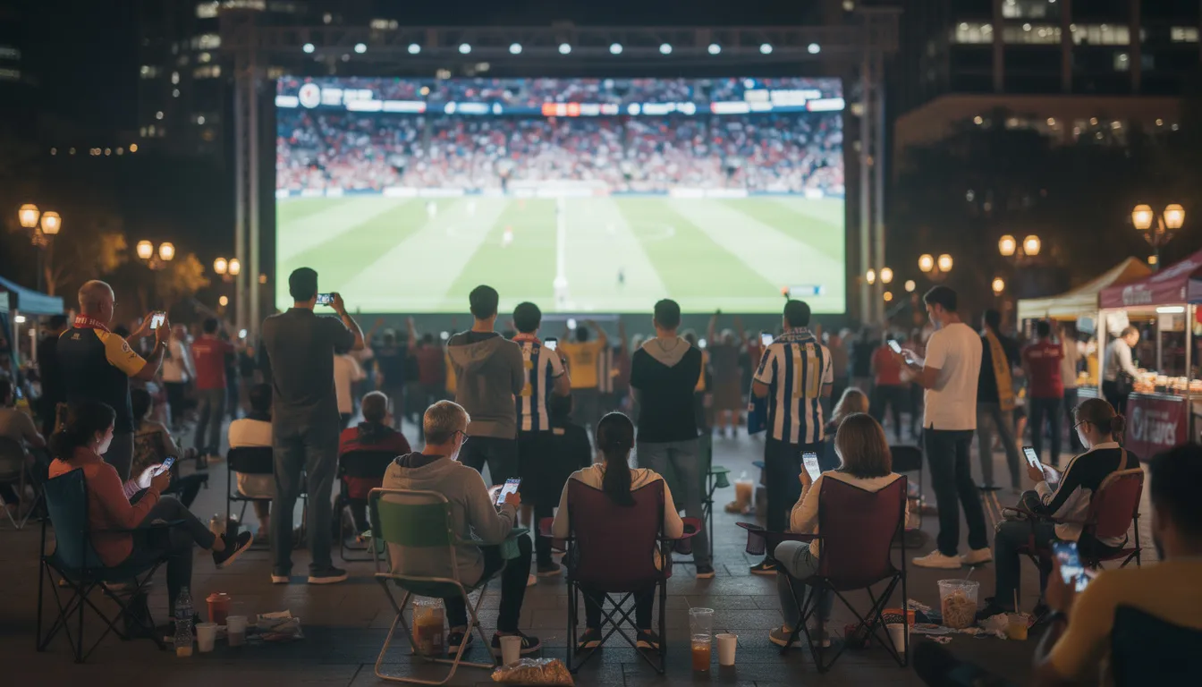 Un gruppo di persone guarda una partita di calcio su un grande schermo mentre controllano i loro smartphone, probabilmente per seguire le scommesse sportive sui migliori nuovi siti scommesse. L'atmosfera è vivace, con gli utenti che discutono delle quote e delle promozioni in corso.