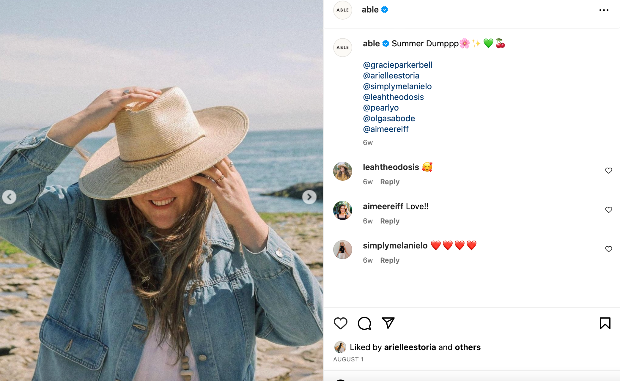 Here you can see how the clothing and accessories brand Able has reposted posts they've been tagged in by users on their social media accounts.