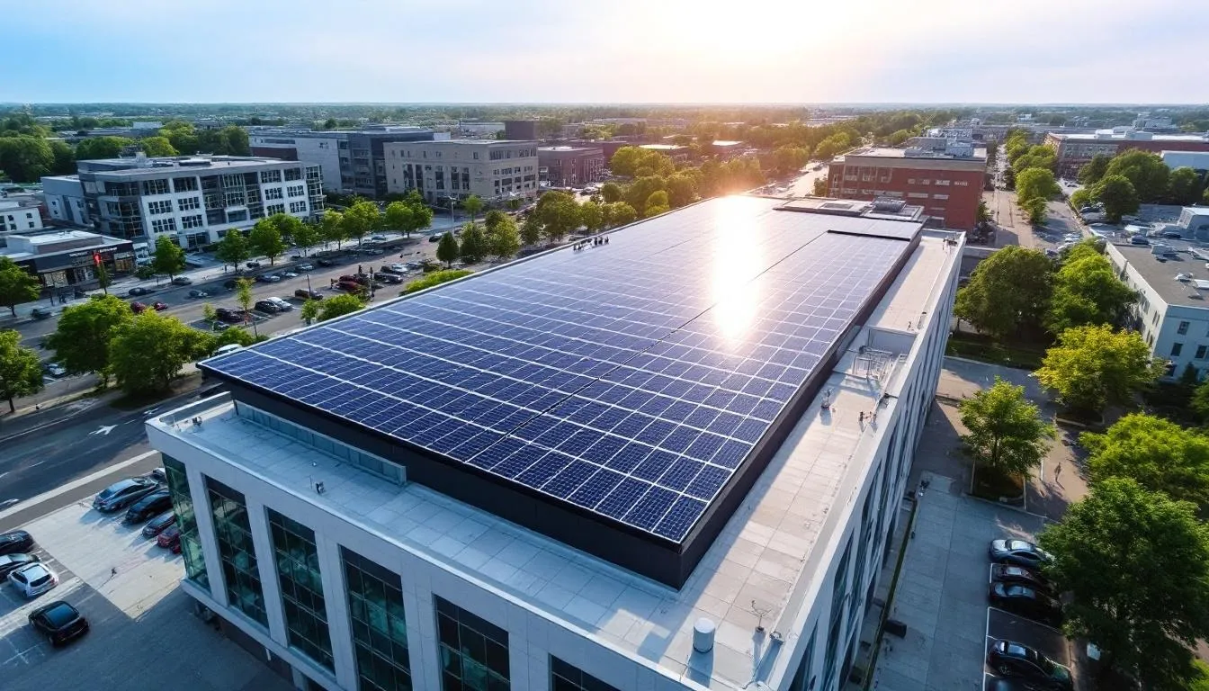 Une installation solaire moderne est visible sur le toit d'un bâtiment commercial dans un environnement urbain de la région d'Ottawa-Gatineau, illustrant l'utilisation des panneaux solaires pour la production d'énergie renouvelable. Cette technologie souligne l'importance de l'énergie solaire dans la transition vers des solutions énergétiques durables.