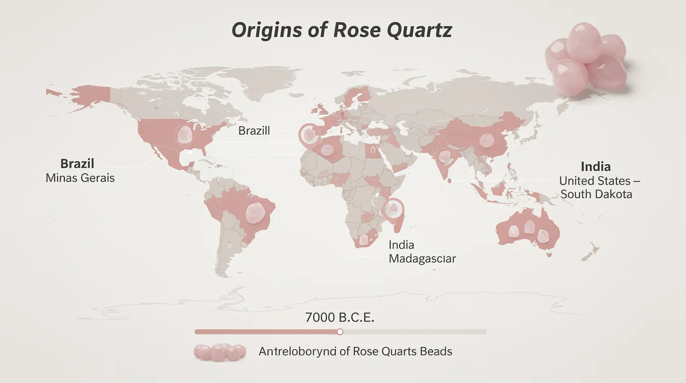 The image features a detailed interactive map highlighting the global origins of rose quartz crystals, with major mining locations marked in Brazil, Madagascar, India, and the United States, particularly South Dakota. This soft pink stone, often referred to as the "love stone," has significant cultural importance, evidenced by archaeological finds of rose quartz beads dating back to 7000 B.C.E.