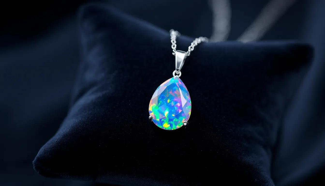 This image features a stunning opal and tourmaline necklace, showcasing a dazzling array of vibrant hues that symbolize creativity and individuality. The necklace is elegantly displayed on a soft cloth, highlighting its handcrafted beauty and the emotional balance associated with these October birthstones.