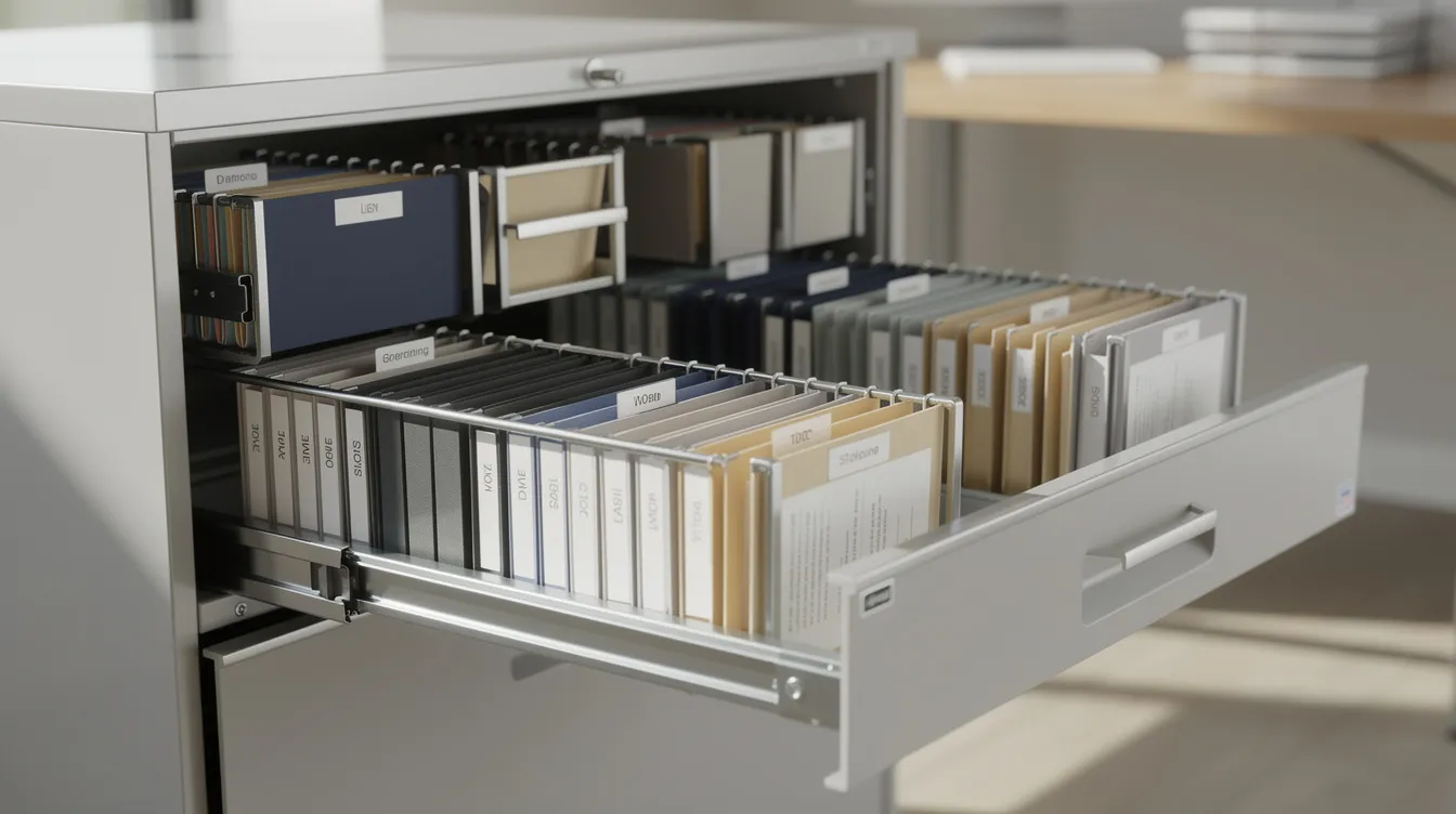 The image shows an organized filing cabinet filled with neatly arranged business files and folders, indicating a systematic approach to managing important documents. This setup could be related to employee retention credits, tax returns, and other financial records essential for businesses navigating IRS guidelines and potential audits.