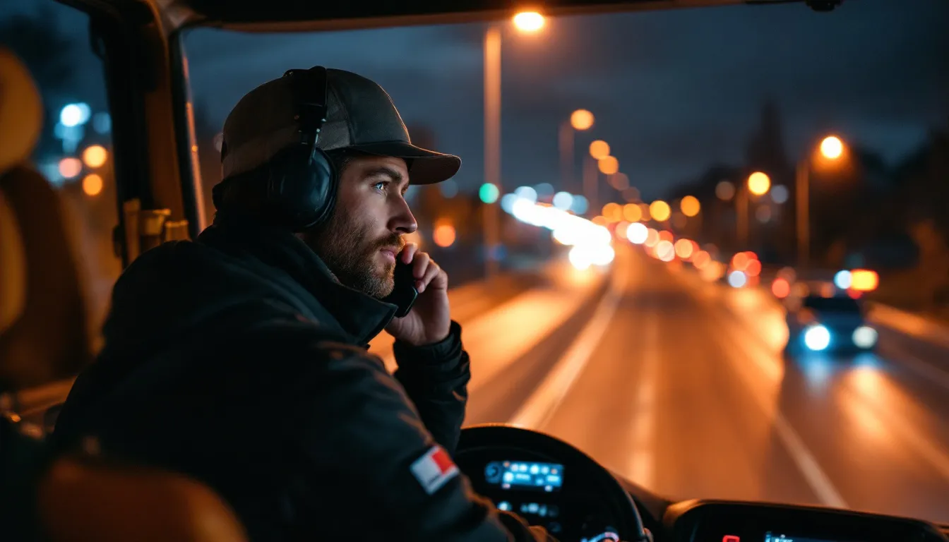 In der Abbildung ist ein LKW-Fahrer während seiner nächtlichen Schicht zu sehen, der sich mit den Regelungen zum Nachtzuschlag beschäftigt. Es wird auf den Anspruch auf einen Nachtzuschlag von 25 Prozent des Bruttostundenlohns hingewiesen, der für die Arbeitszeit zwischen 23 und 6 Uhr gilt.