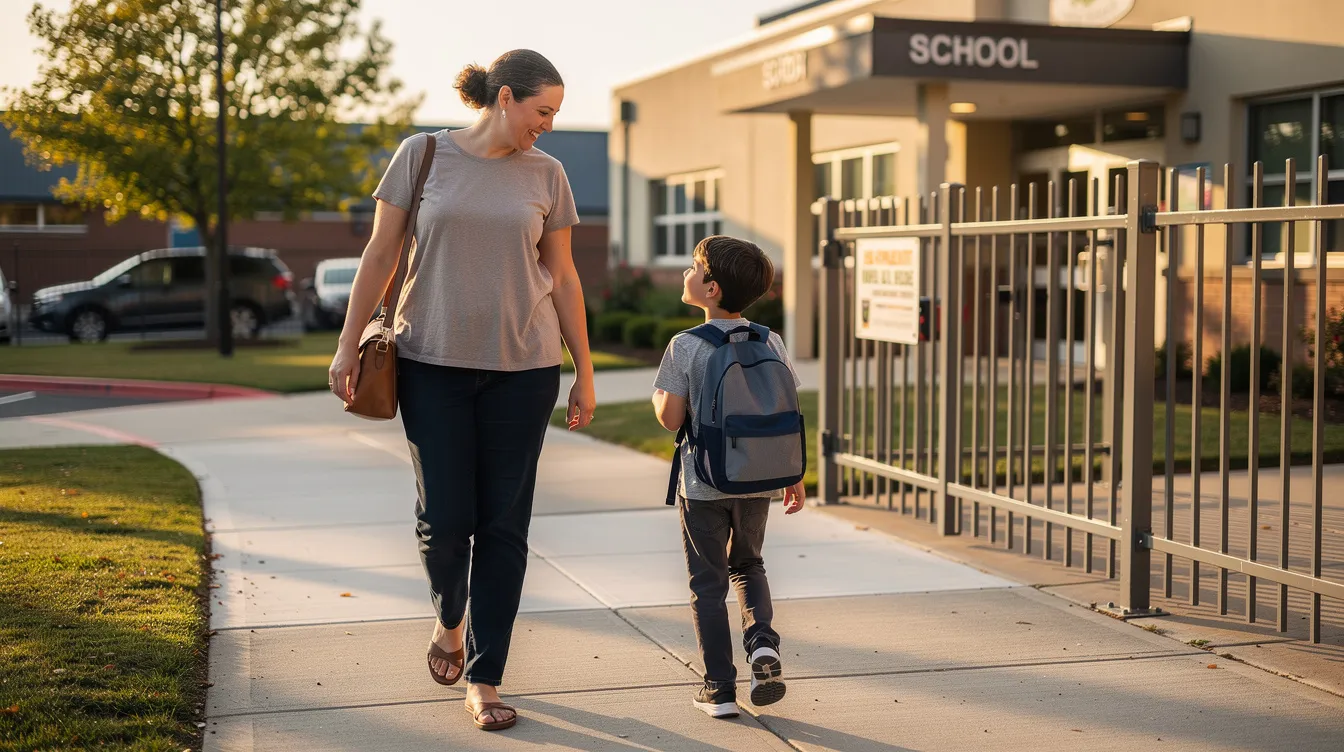 A parent and child walk calmly towards a school gate, embodying a supportive environment that promotes emotional well-being. This image reflects the journey from school anxiety to school confidence, highlighting the importance of emotional support and coping skills for children in their academic life.