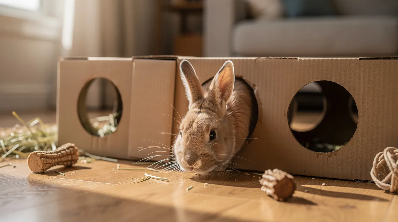 A curious pet rabbit is exploring a cardboard box tunnel enrichment setup, showcasing its natural behaviors as it investigates the space. This playful scene highlights the importance of providing safe spaces and engaging environments for rabbits to thrive in their rabbit care routine.