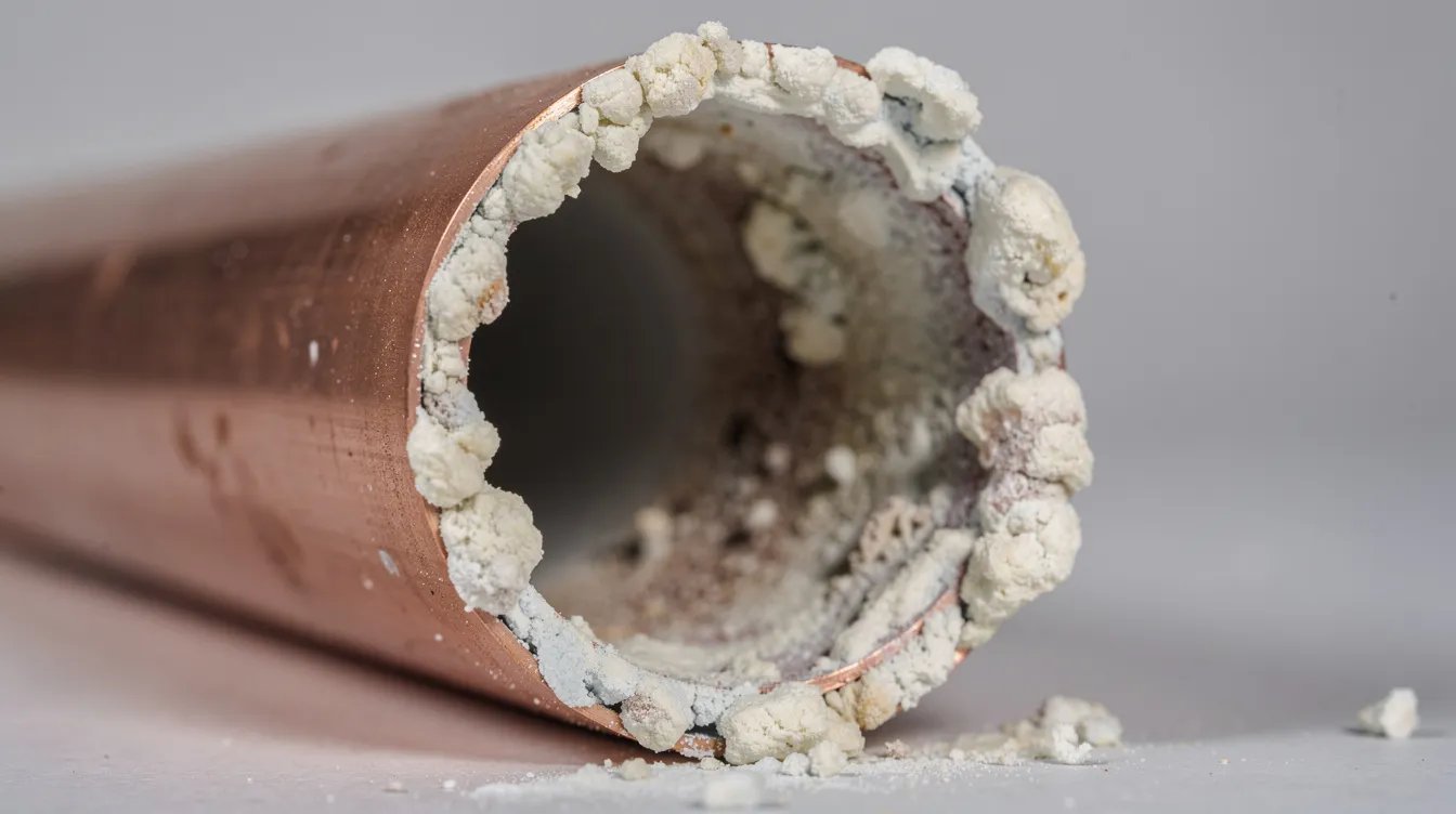 The image shows a cut section of a copper pipe with visible mineral scale buildup, indicating hard water issues that can affect plumbing systems in Queen Creek homes. This buildup can lead to plumbing problems such as low water pressure and requires the attention of experienced plumbers for effective drain cleaning and maintenance.