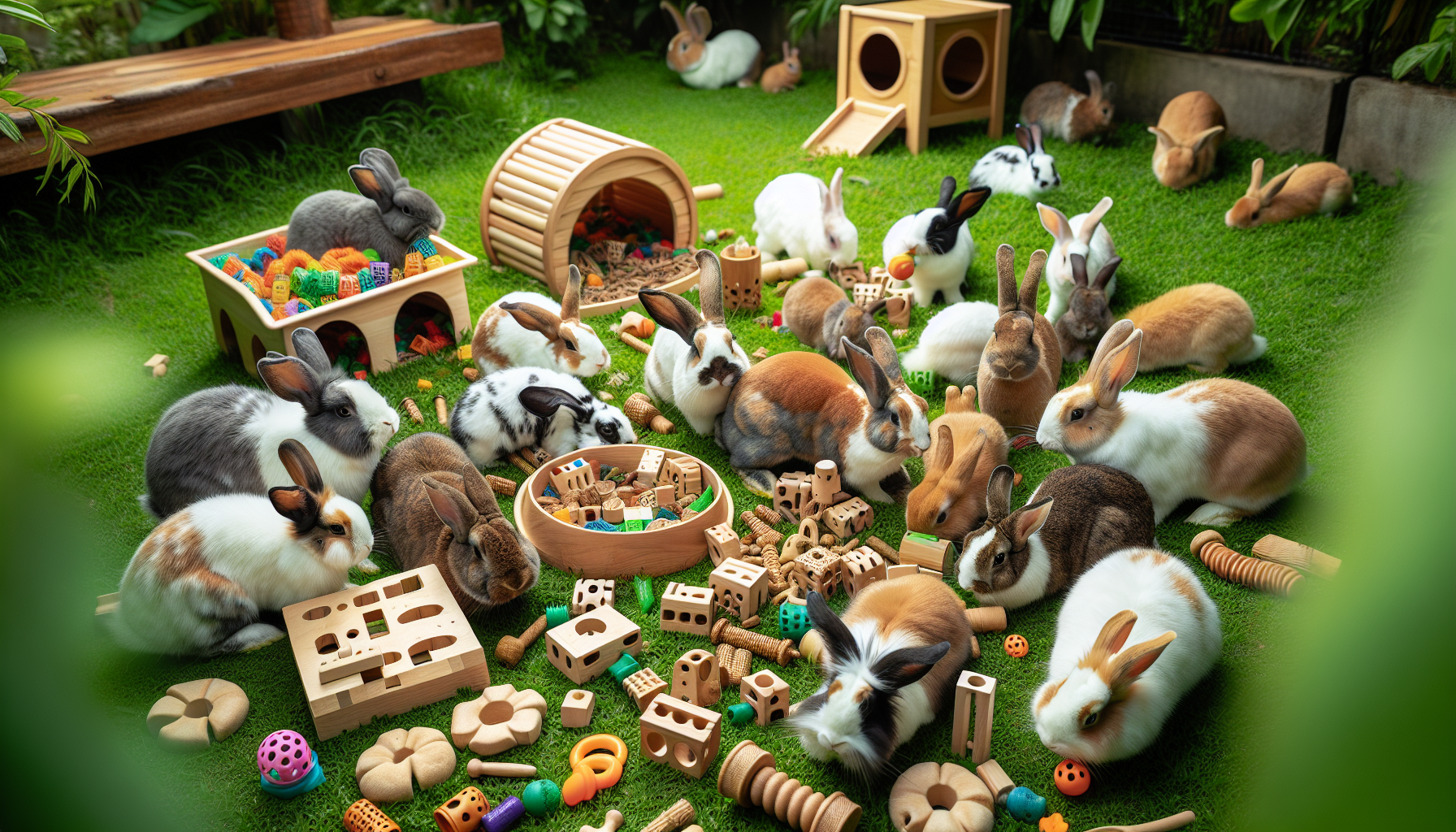 Illustration of rabbits interacting with enrichment toys