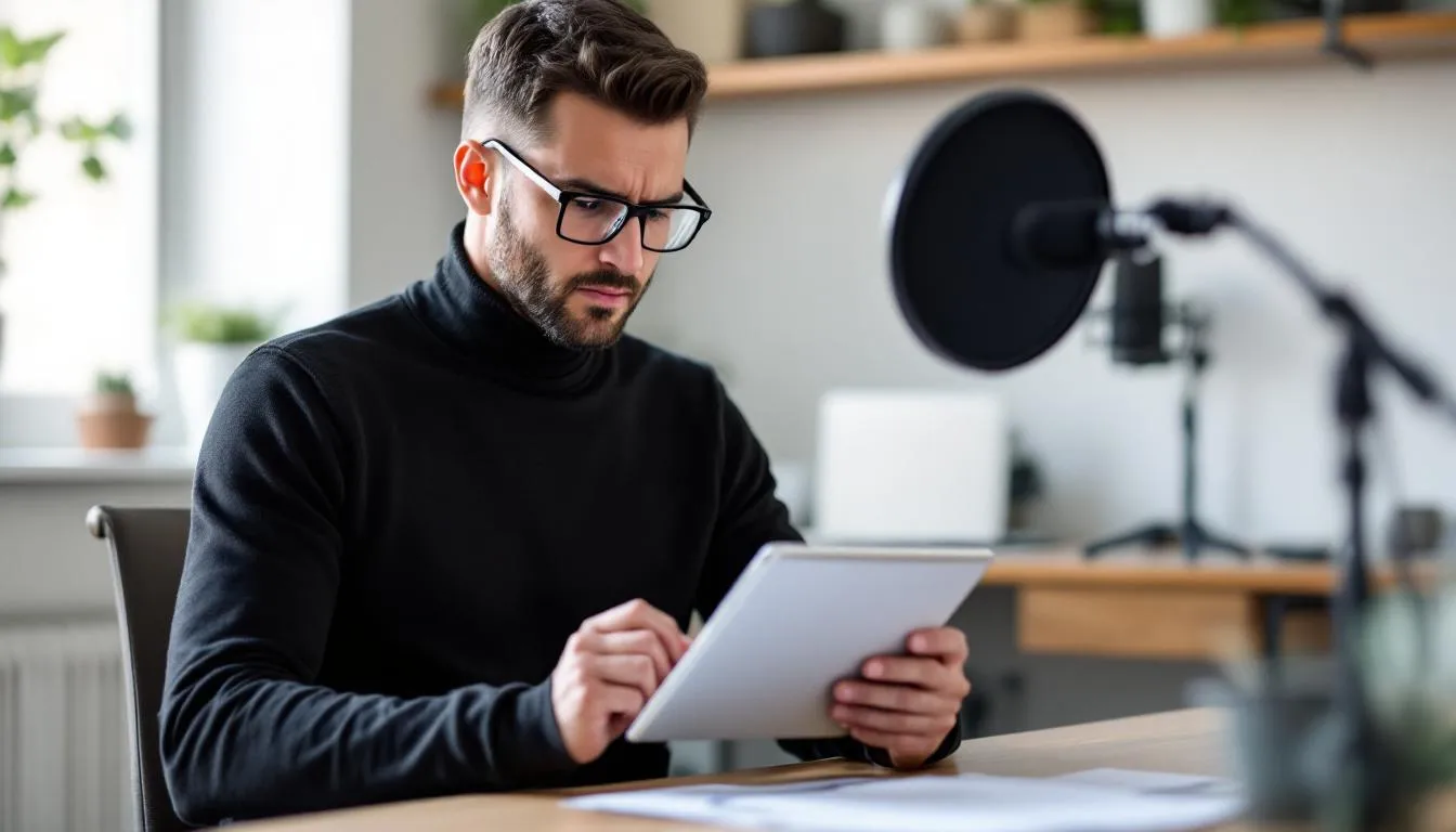 A person is reviewing a video script on a tablet while preparing to record, focusing on key moments for their video content. This scene illustrates the process of creating engaging video marketing materials aimed at their target audience.