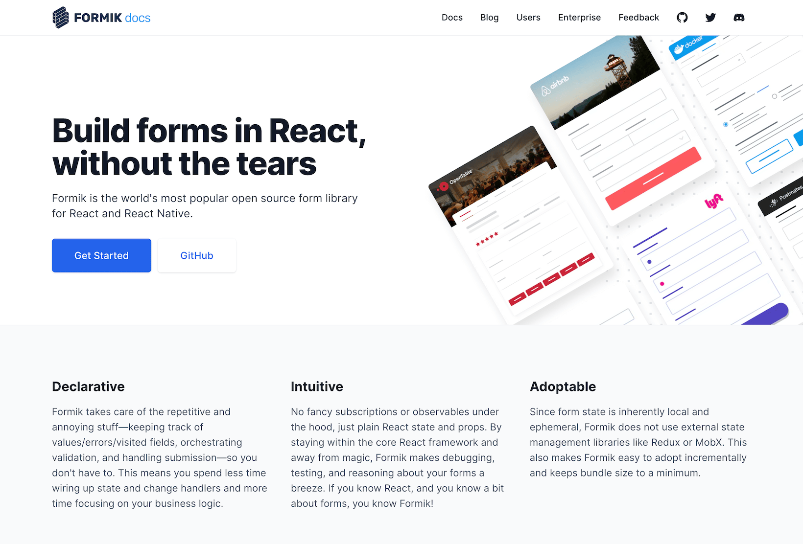 Formik homepage with the heading "Build forms in React, without the tears".