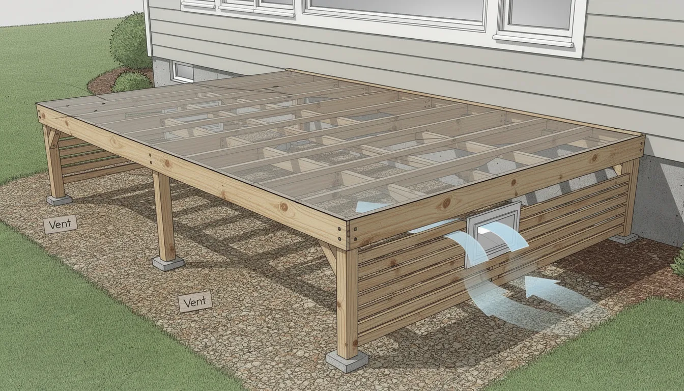 The image depicts a deck construction site showcasing proper joist spacing and ventilation underneath, highlighting the importance of quality materials for creating a durable outdoor space. This setup is essential for ensuring minimal maintenance and weather resistance, particularly in Wellington's climate.