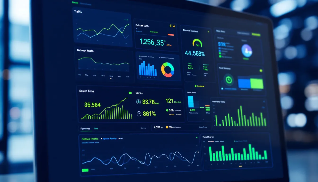 The image depicts a modern IT dashboard showcasing various data management analytics and performance metrics, highlighting features such as security, availability, and cost efficiency. This dashboard serves as a tool for IT professionals, providing insights into the entire action of data management processes, potentially benefiting users like Delphix Corp and Actifio.