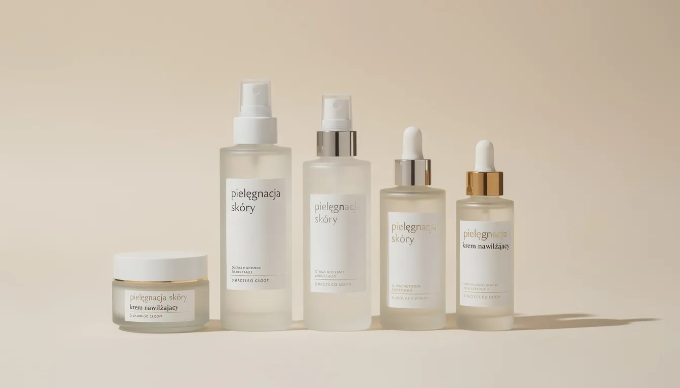 Na jasnym tle znajdują się eleganckie produkty do pielęgnacji skóry, w tym preparaty zawierające kwas hialuronowy, które poprawiają kondycję skóry oraz zapewniają jej jędrność i elastyczność. Te nowoczesne kosmetyki są idealne do zabiegów medycyny estetycznej, takich jak profhilo, które stymulują syntezę elastyny i redukują zmarszczki.