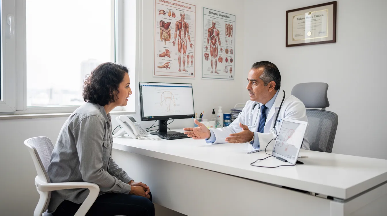 Un médico y un paciente están sentados en un consultorio médico moderno, donde el cirujano explica el procedimiento de blefaroplastia, que aborda el exceso de piel en los párpados superiores e inferiores. La consulta se centra en los beneficios de la cirugía de párpados y los costos asociados, mientras ambos discuten las opciones para mejorar la apariencia alrededor de los ojos.