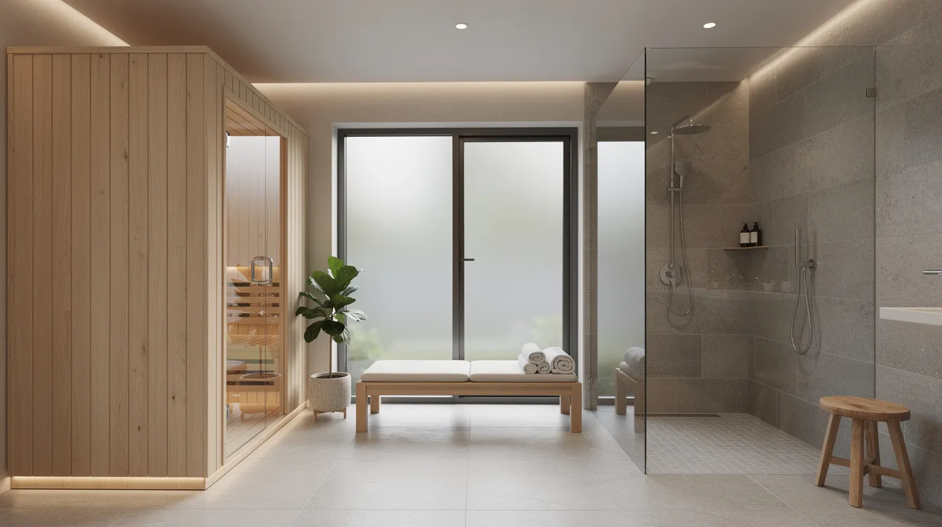 Modern wellness room with wooden sauna and shower area