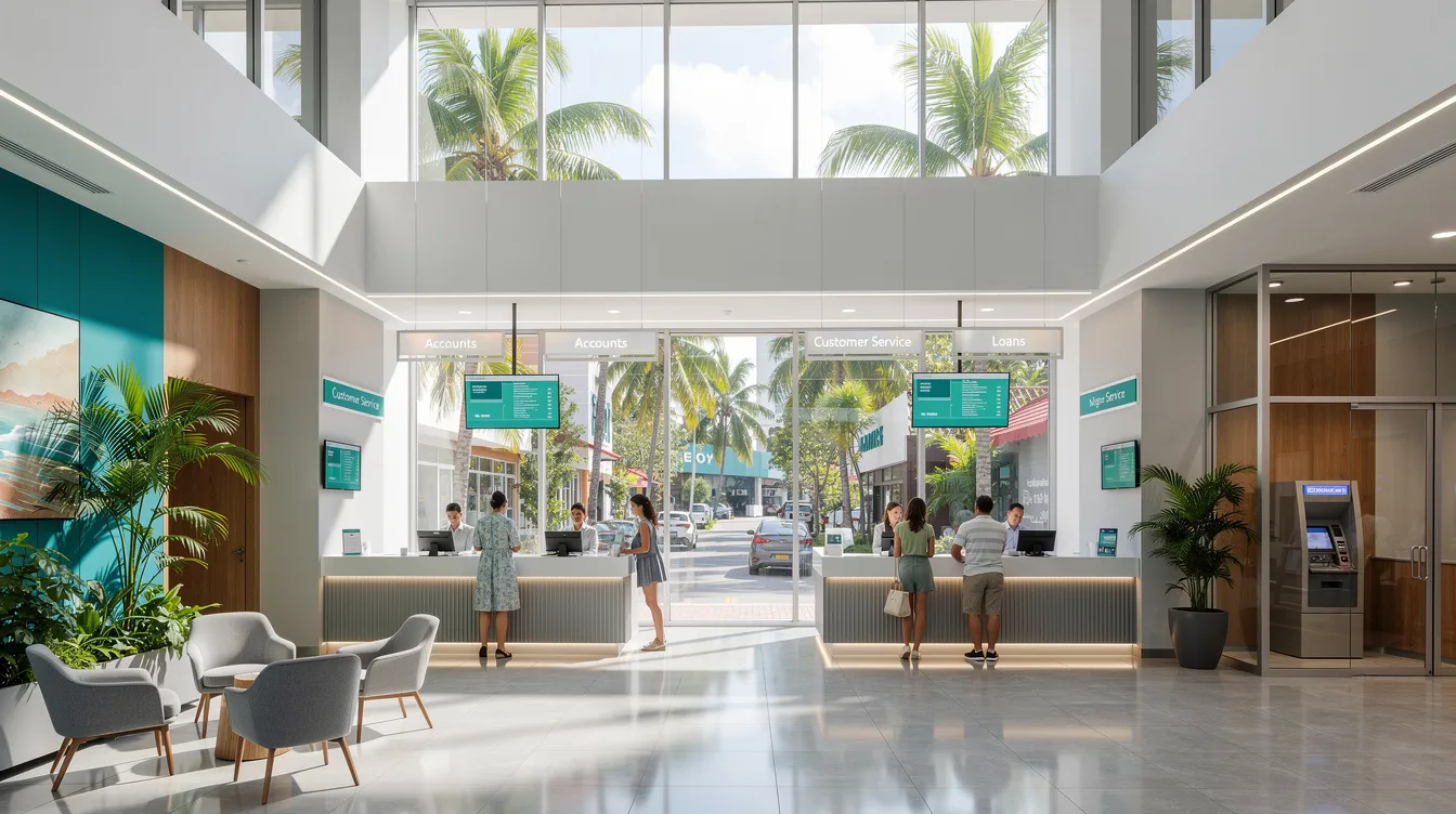 The image depicts a modern bank branch interior bustling with customers at service counters, set in a tropical city environment typical of Sri Lanka. The design reflects global standards of banking, showcasing various licensed commercial banks, including the best banks like Nations Trust Bank PLC and DFCC Bank PLC, all focused on providing efficient financial services.