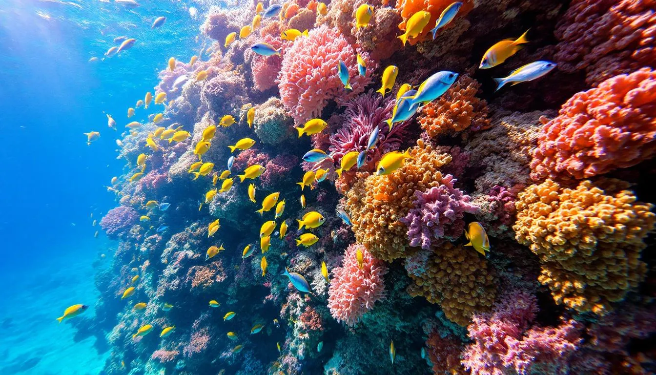 Imagem de um recife de corais vibrantes no Mar Vermelho, repleto de peixes tropicais coloridos nadando entre os corais. Este cenário marinho é uma das maravilhas do Egito, ideal para quem busca explorar a rica biodiversidade da região.