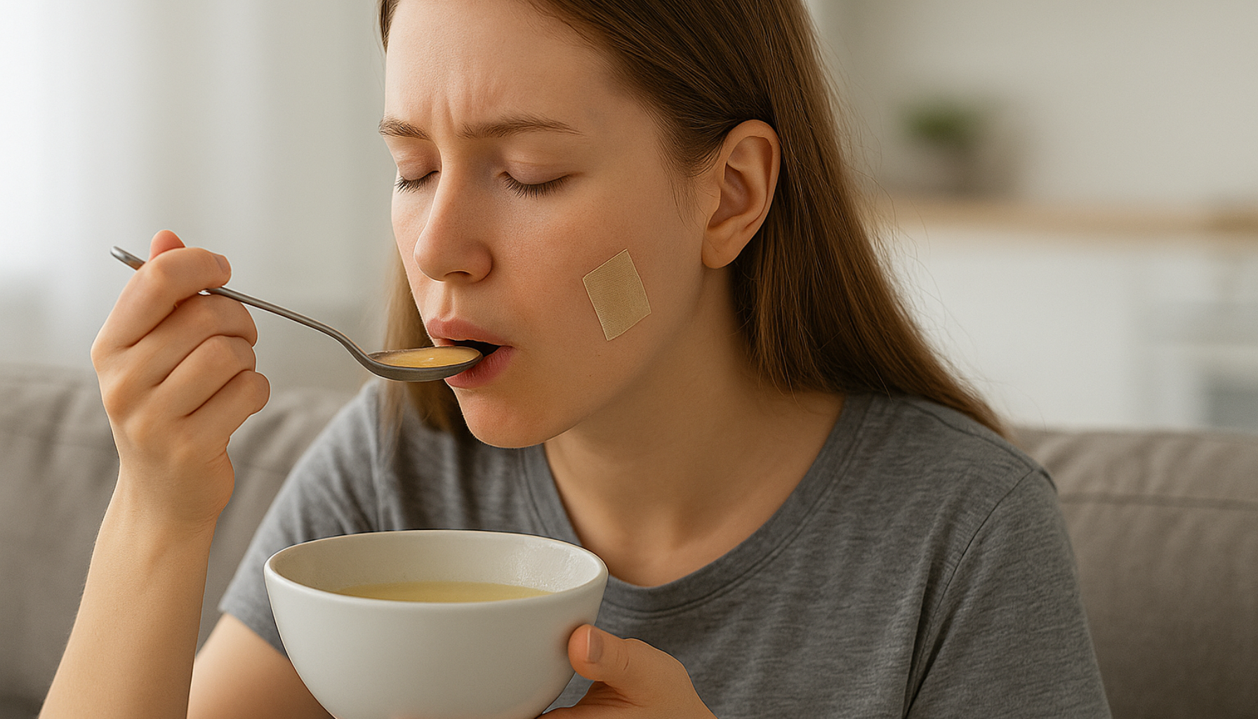 Ung kvinne med bandasje på kinnet spiser varm suppe etter visdomstannfjerning, symbol på trygg og komfortabel mat etter behandling. tips til mat etter visdomstann fjerning av visdomstann fjerning av visdomstenner bør du kontakte tannlegen trekking av visdomstann første dagene bør du kontakte myk mat kontakte tannlegen skylle munnen fysisk aktivitet første 2 3 visdomstann 30 minutter mat unngå første bør spise munnen dag smerter såret trekking visdomstenner tannlegen mer bruk dagene operasjon smertestillende hevelse litt trukket tannen tanntrekking normalt myk timene vanlig infeksjon dersom operasjonen området smerte dager komplikasjoner inngrepet råd god viktig minutter fjernet gjøre blødning forsiktig ibux under visdomstannen ofte tips helt fast får tennene trenger kroppen skylle tannlege yoghurt går tegn kontakt kompress drikke opplever holde flere igjen