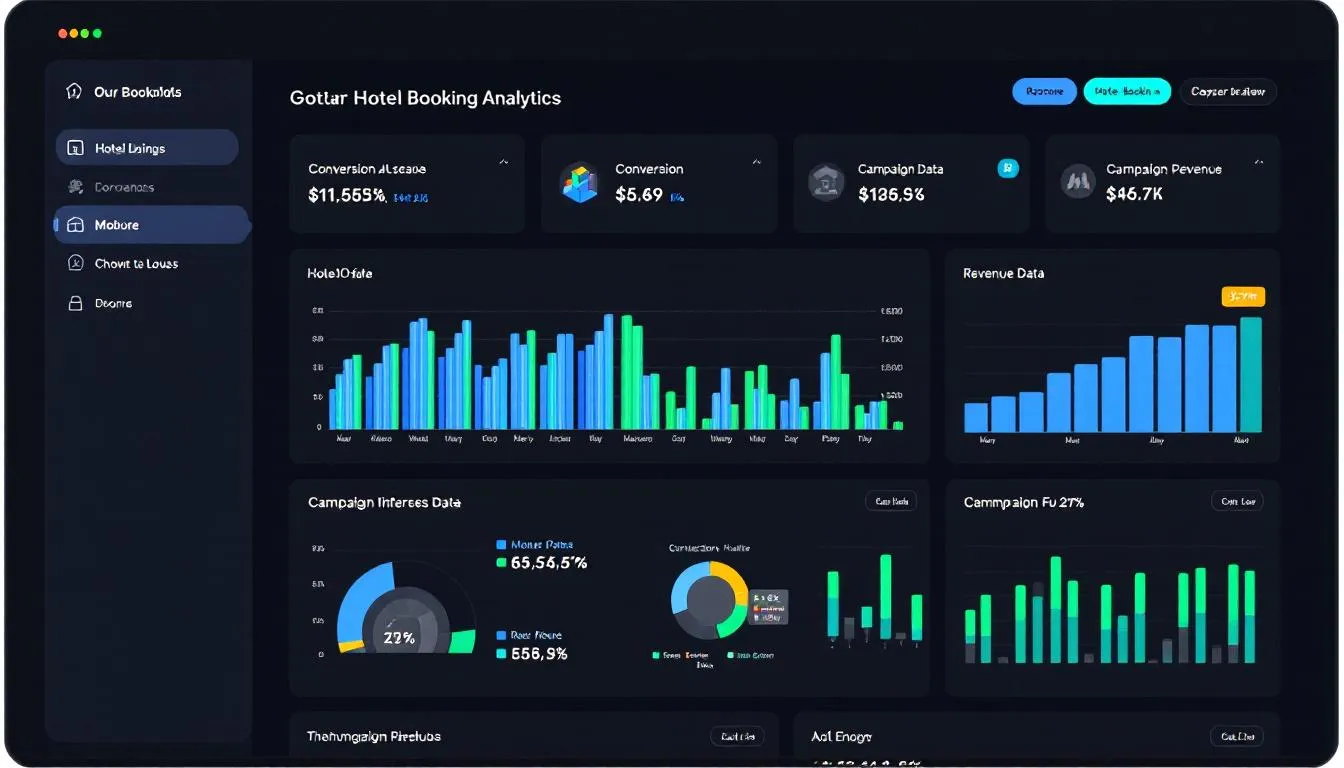 An analytics dashboard displayed on a computer screen presents key hotel booking metrics, including conversion rates, revenue data, and performance insights for hotel PPC campaigns. The visual data aims to enhance online marketing strategies for maximizing direct bookings and improving overall hotel marketing efforts.