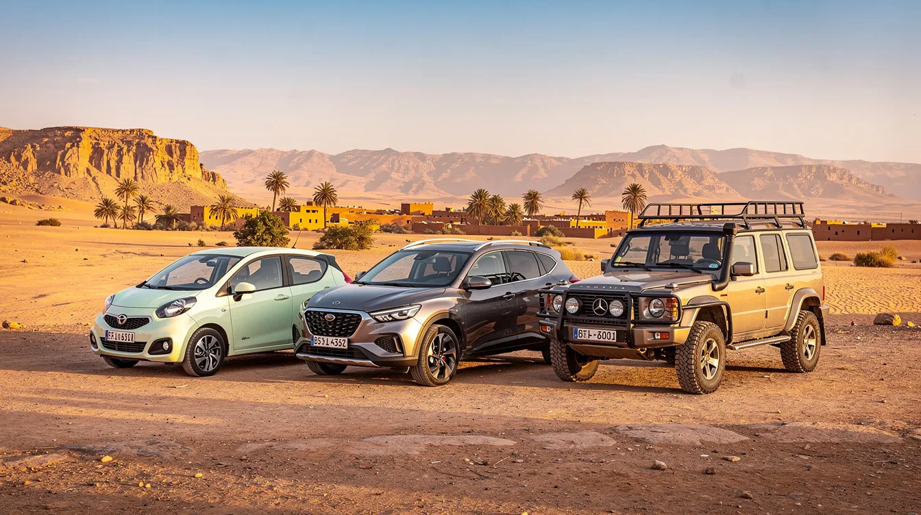 Trois types de voitures sont alignées sur un fond de paysage marocain : une petite citadine, un SUV compact et un 4x4 robuste, illustrant les options de location de voitures adaptées à différents besoins de voyage au Maroc. Ce tableau met en avant la diversité des véhicules disponibles pour explorer les routes et les villages du pays.