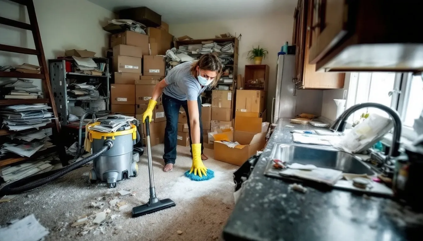 A professional cleaner deep cleaning a hoarder's house, showcasing the thorough cleaning process.