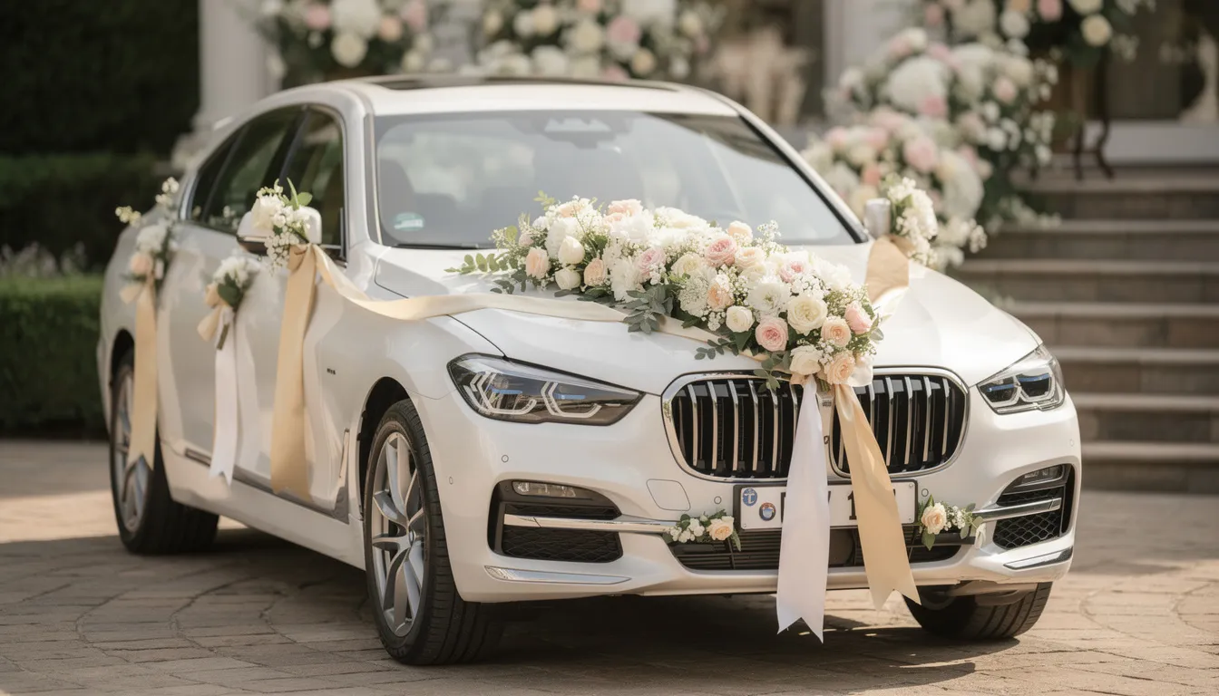 Une voiture de mariage élégamment décorée avec des fleurs colorées et des rubans, prête à transporter le couple lors de leur cérémonie. Cette décoration de mariage met en avant des détails raffinés qui ajoutent une touche romantique à l'événement.